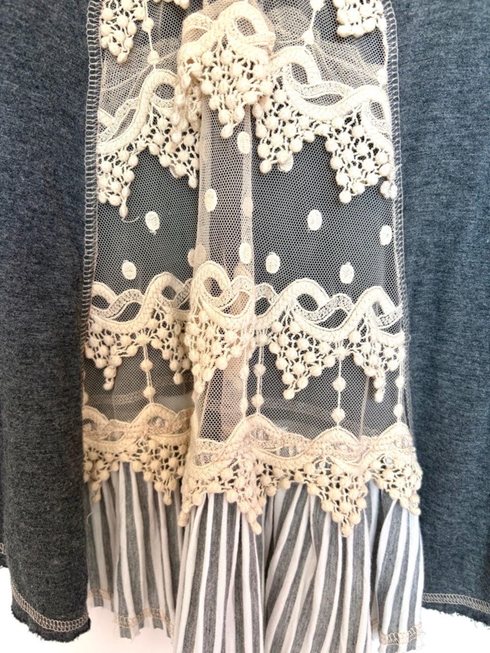 Anthropologie Scrapbook Originals Gray Mixed Media Tunic Top Lace Ruffles Stripe - Picture 10 of 16